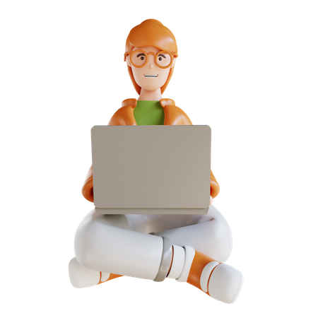 Business Woman Sitting With Laptop  3D Illustration