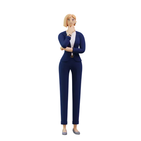 Business Woman Standing With Finger On Chin  3D Illustration