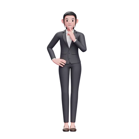 Business Woman Standing With Finger On Chin  3D Illustration