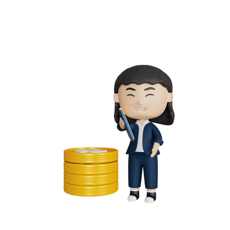 Business woman with coin pile  3D Illustration