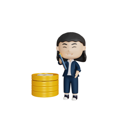 Business woman with coin pile 3D Illustration