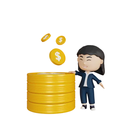 Business woman with coin stack  3D Illustration