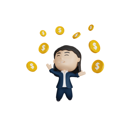 Business woman with coins 3D Illustration