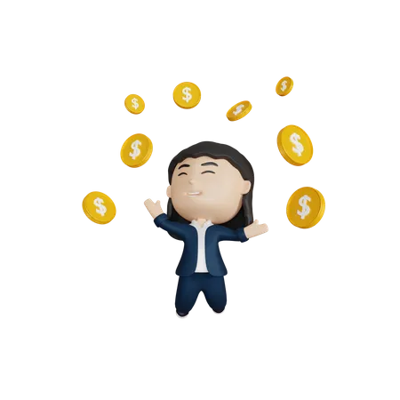 3 D Rendering Cute Businesswoman Jump With Dollar Coins 3D Illustration