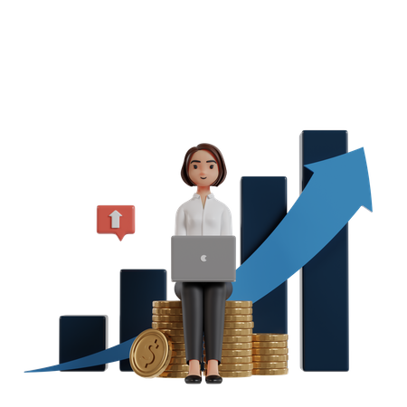 Business Woman With Laptop Sitting On Pile Of Coins Watching Income Growth  3D Illustration