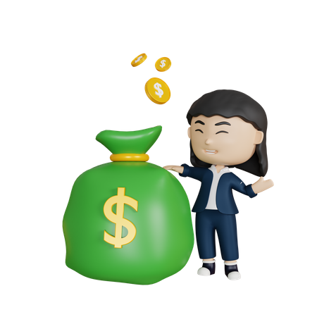 Business woman with money bag  3D Illustration