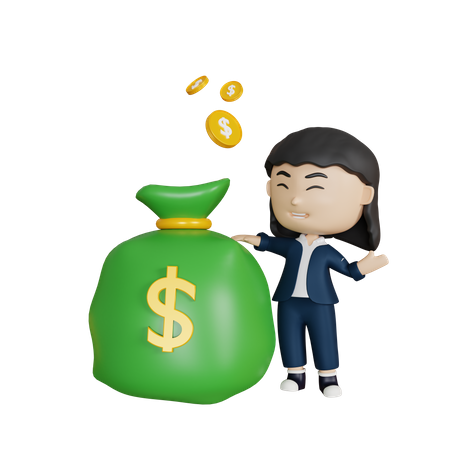 Business woman with money bag 3D Illustration