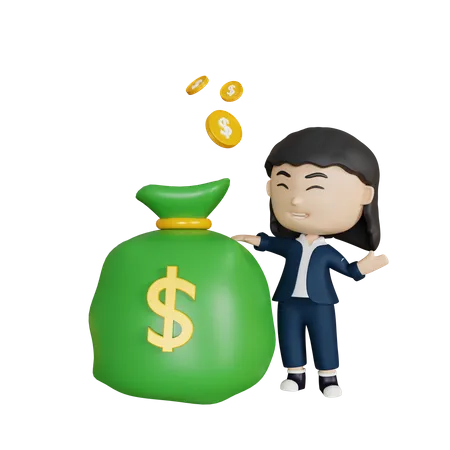 Business woman with money bag 3D Illustration