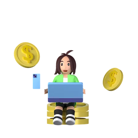 3 D Illustration Of Businesswoman Sitting And Work On Laptop With Floating Coin 3D Illustration
