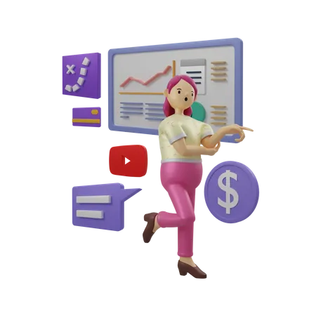 Business woman working on social marketing  3D Illustration