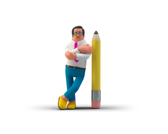 Business writer with crossed arms leaning on the big pencil  3D Illustration