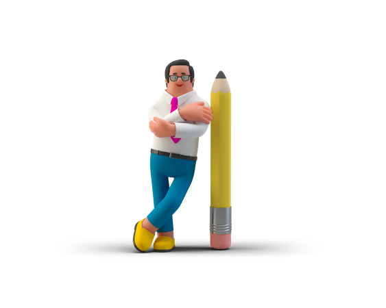 Business writer with crossed arms leaning on the big pencil 3D Illustration