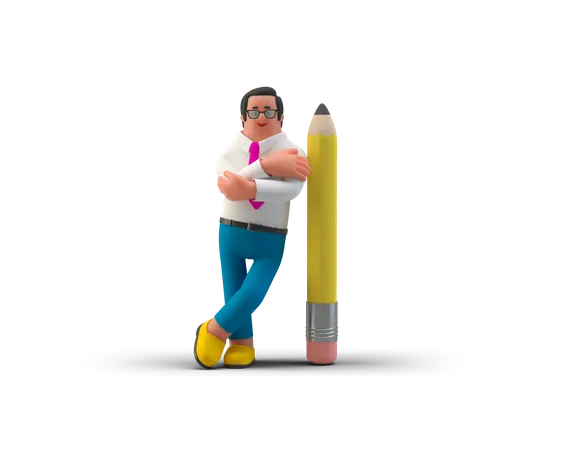 Business writer with crossed arms leaning on the big pencil  3D Illustration