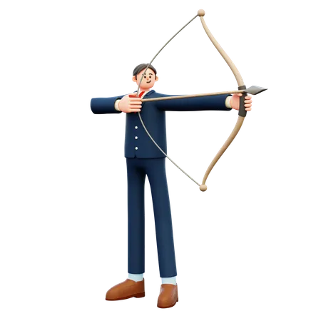 Businessman Aiming With Bow And Arrow  3D Illustration