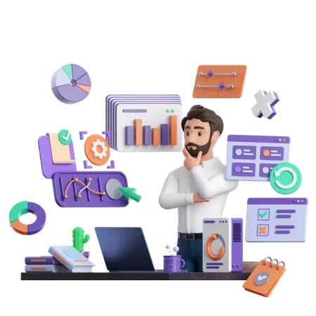 The 3 D Character Of A Male Businessman Surrounded By Charts And Graphs Analyzes Data 3D Illustration