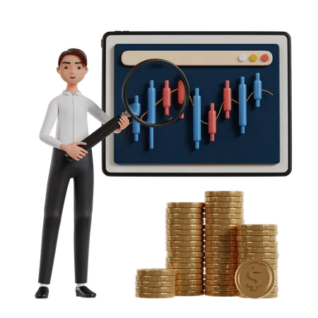 Businessman With Magnifying Glass Standing Analyzing Stock Market Movement 3D Illustration