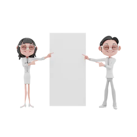 Businessman and businesswomen showing blank board 3D Illustration