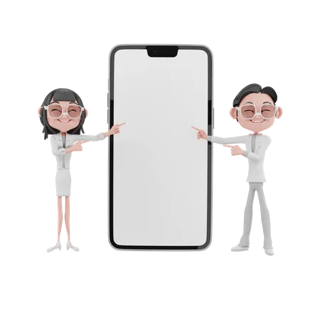 Businessman and businesswomen showing blank mobile screen  3D Illustration