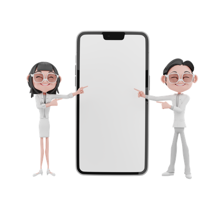 Businessman and businesswomen showing blank mobile screen 3D Illustration