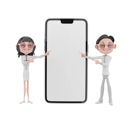 Businessman and businesswomen showing blank mobile screen 3D Illustration