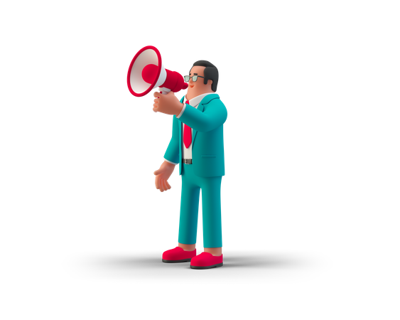 Businessman announcing in megaphone 3D Illustration