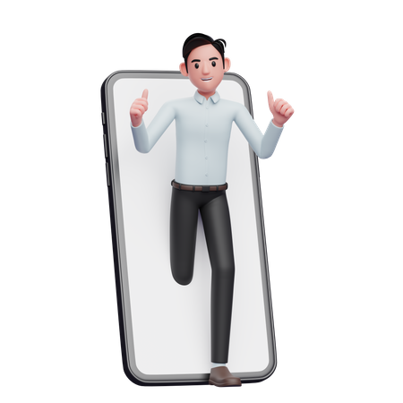 Businessman appears from inside the phone screen while giving a thumbs up 3D Illustration