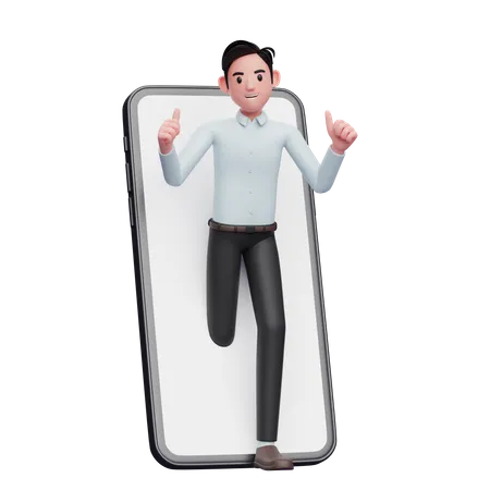 Businessman appears from inside the phone screen while giving a thumbs up 3D Illustration