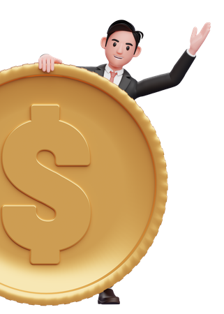 Businessman black formal suit Peek behind the big coin  3D Illustration