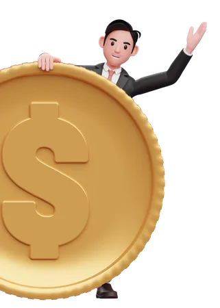 Businessman Black Formal Suit Peek Behind The Big Coin 3 D Illustration Of A Businessman In Black Formal Suit Holding Dollar Coin 3D Illustration