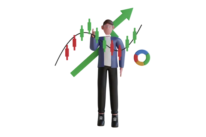 Businessman Points Finger To 3 D Rendering Golden Candlestick Bar Chart Showing Growth Of Business Businessman Buying Or Selling Shares Investing In Stock Market From Mobile Phone 3 D Illustration 3D Illustration