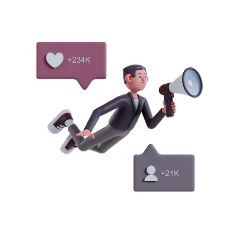 Businessman Levitating And Holding Loudspeaker Doing Marketing Campaign 3 D Marketing Illustration 3D Illustration
