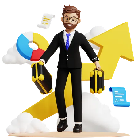 Businessman Carrying Briefcase While Getting Business Growth  3D Illustration