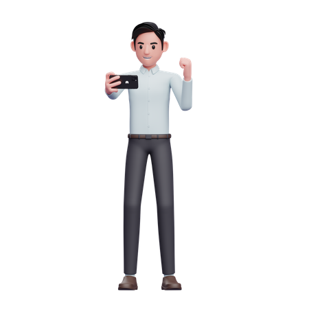 Businessman celebrating while looking at the phone screen  3D Icon