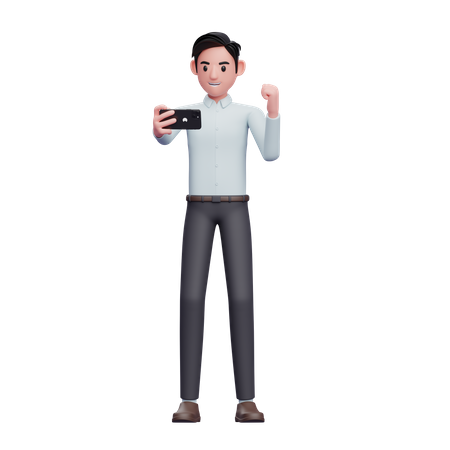 Businessman celebrating while looking at the phone screen  3D Illustration