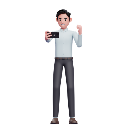 Businessman celebrating while looking at the phone screen 3D Illustration