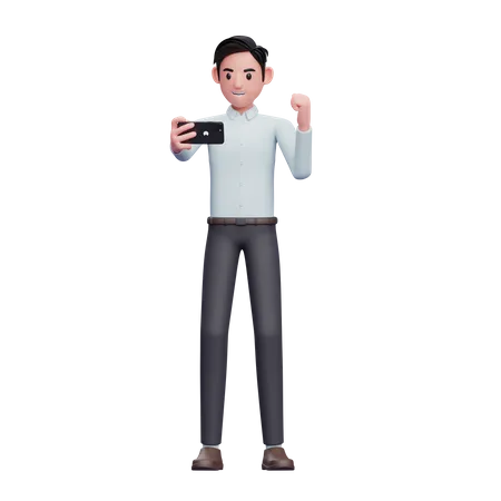 Businessman celebrating while looking at the phone screen 3D Illustration