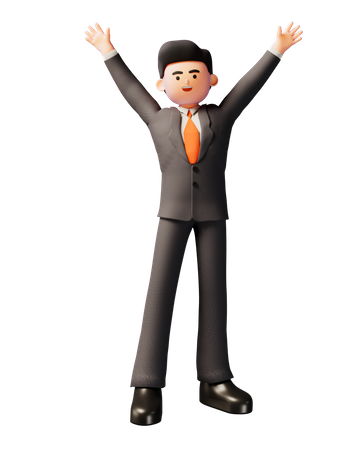 Businessman celebrating with hands raised 3D Illustration