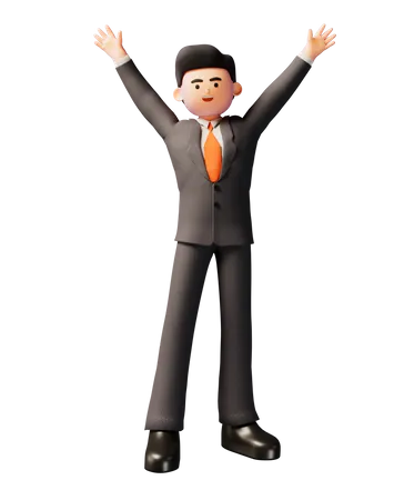 Businessman celebrating with hands raised 3D Illustration