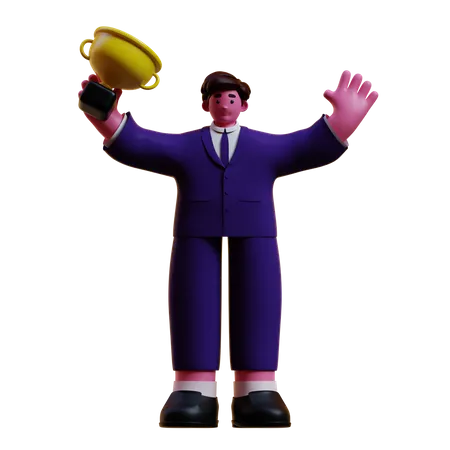 Businessman Celebrating With Trophy  3D Illustration