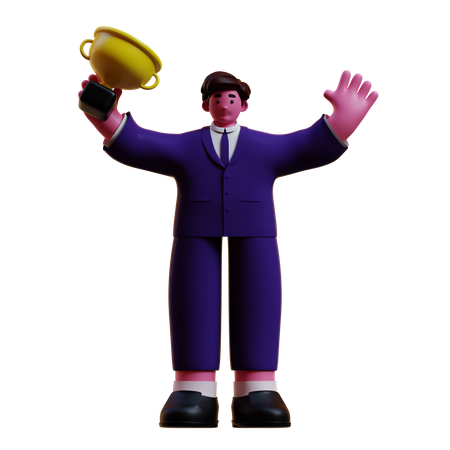 Businessman Celebrating With Trophy  3D Illustration