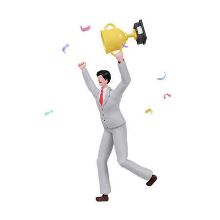 Businessman Celebration Success With Business Trophy  3D Illustration
