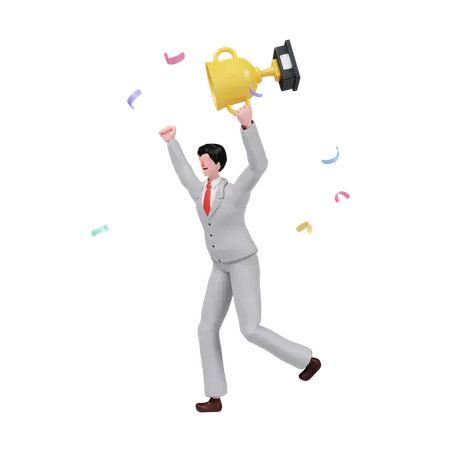 Businessman Celebration Success With Business Trophy  3D Illustration
