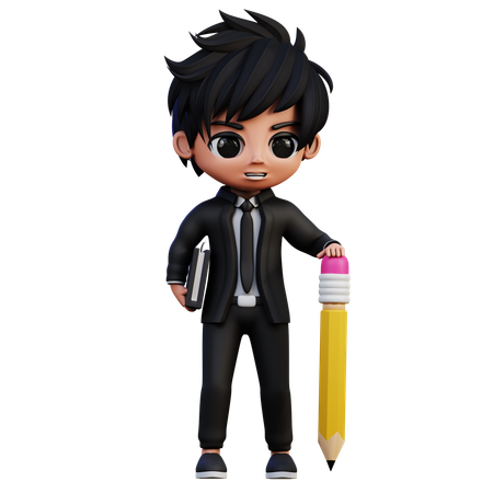 Businessman Character Bring A Book and Pencil  3D Illustration