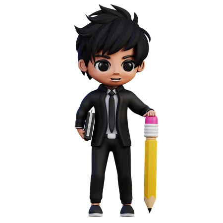 Businessman Character Bring A Book and Pencil  3D Illustration