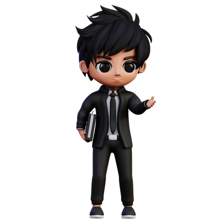 Businessman Character Bring A Book And Showing Something  3D Illustration