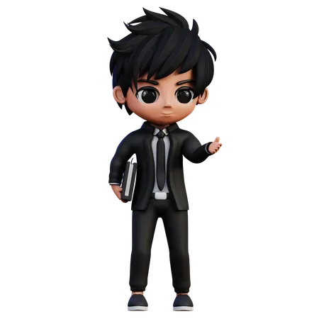 Businessman Character Bring A Book And Showing Something  3D Illustration
