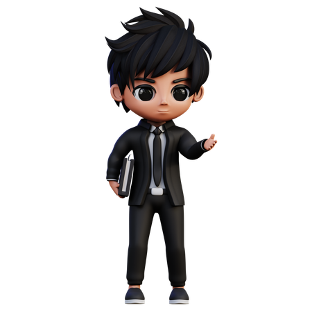 Businessman Character Bring A Book And Showing Something  3D Icon