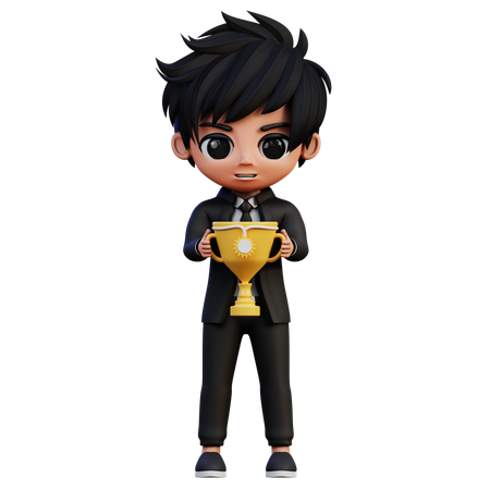 Businessman Character Hold Trophy  3D Illustration