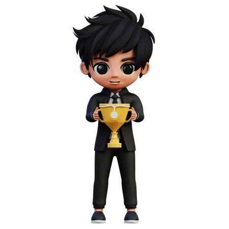 Businessman Character Hold Trophy  3D Illustration