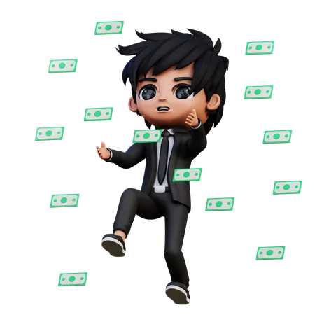 Businessman Character Money Falls  3D Illustration